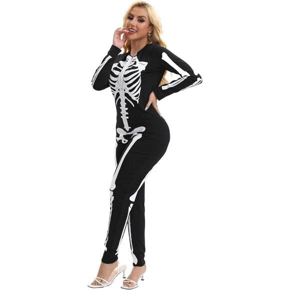 Women's White Skeleton Form Fitting & Flattering Double Sided Skeleton Costume - Picture 3 of 7
